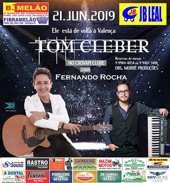 Cantor Tom Cleber, dia 21 de junho em Valença