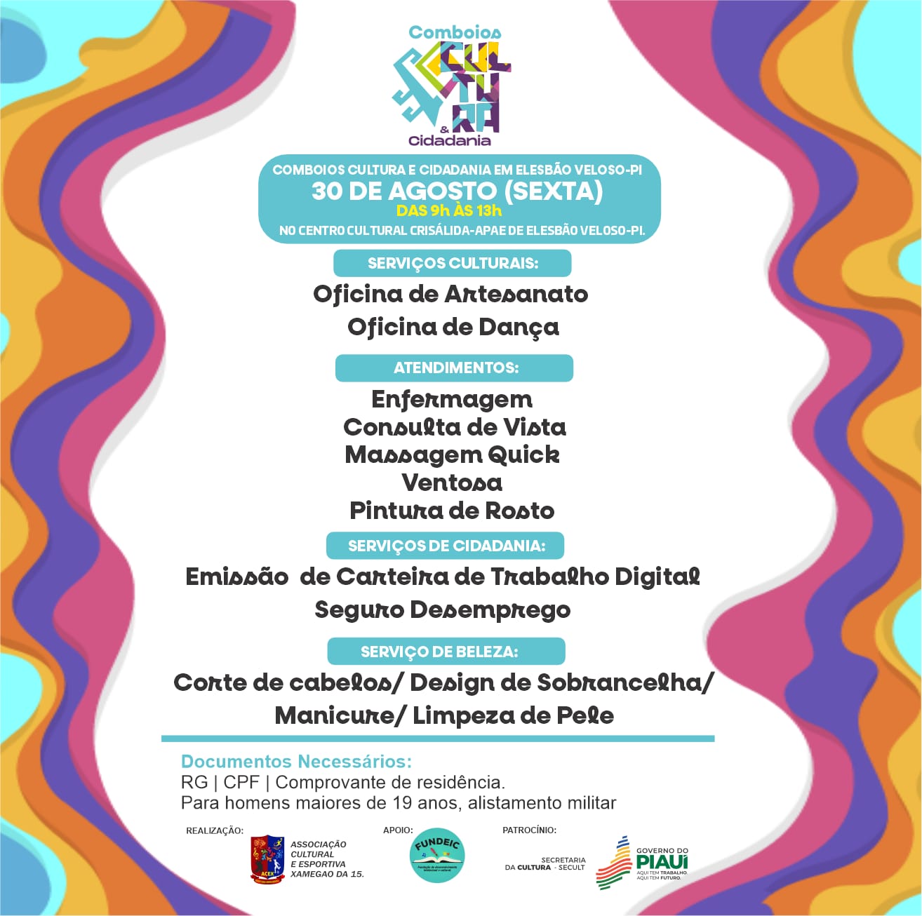 Serviços Gratuitos serão prestados à população, nesta sexta-feira (30)de agosto, em Elesbão Veloso-PI.