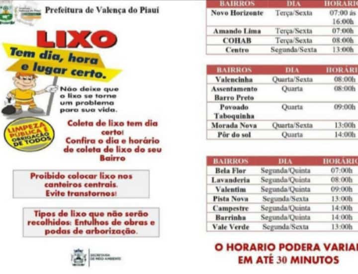 Utilidade Publica: Prefeitura divulga cronograma da coleta de lixo em Valença