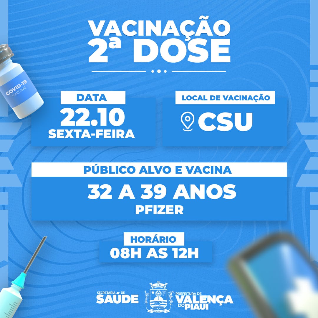 Valença do Piauí vai imunizar com a 2ª dose contra COVID-19 pessoas de 32 a 39 anos nesta sexta-feira