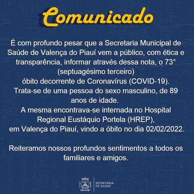 73 pessoas já perderam a vida decorrente da COVID 19 em Valença