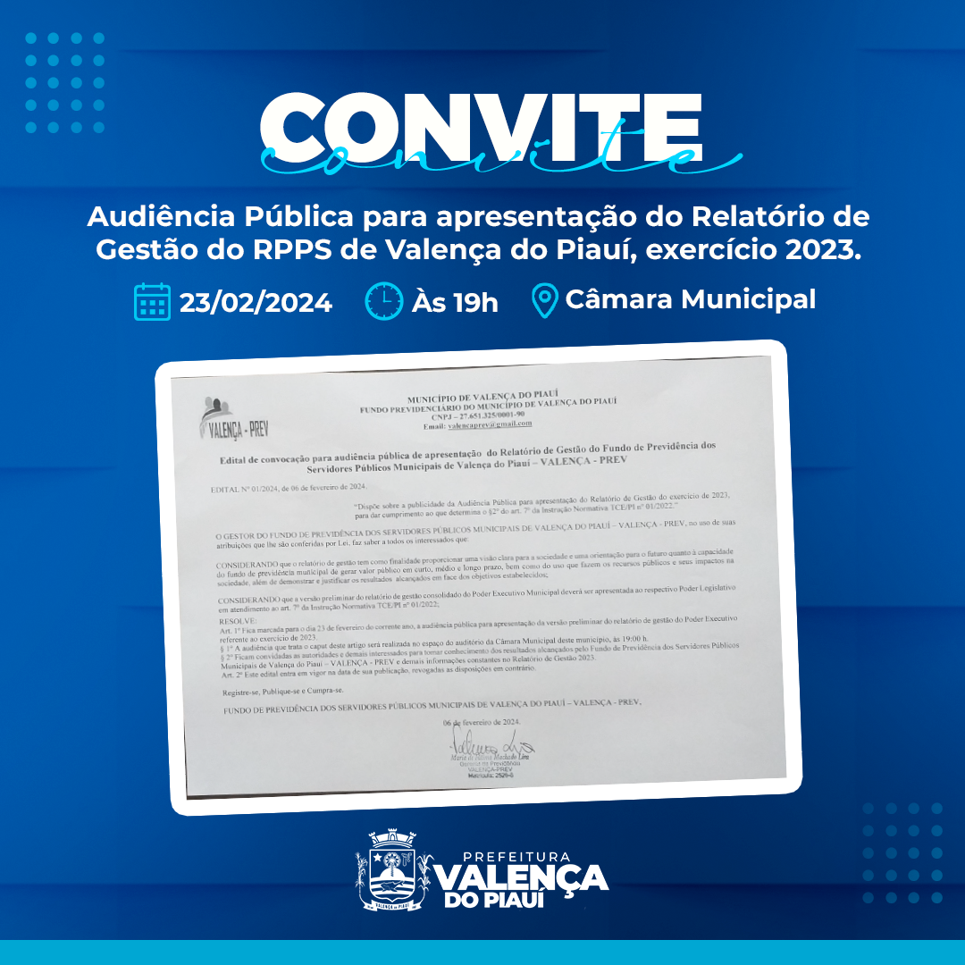 Prefeitura de Valença vai realizar uma Audiência Pública para apresentação do Relatório de Gestão do RPPS